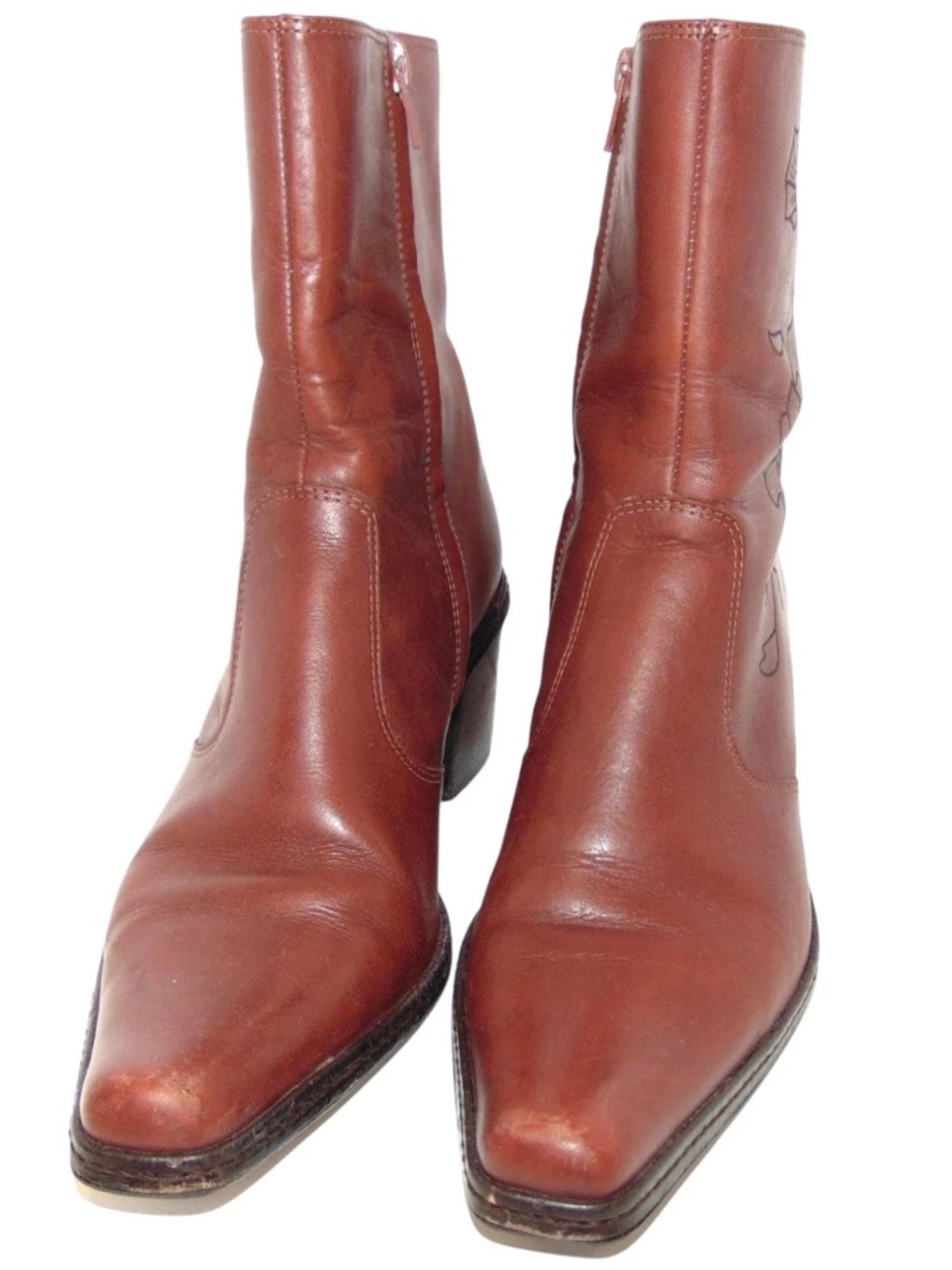 Gianni Bini Brown Leather Western Boots Embroidered Square Toe Ankle Boot 10